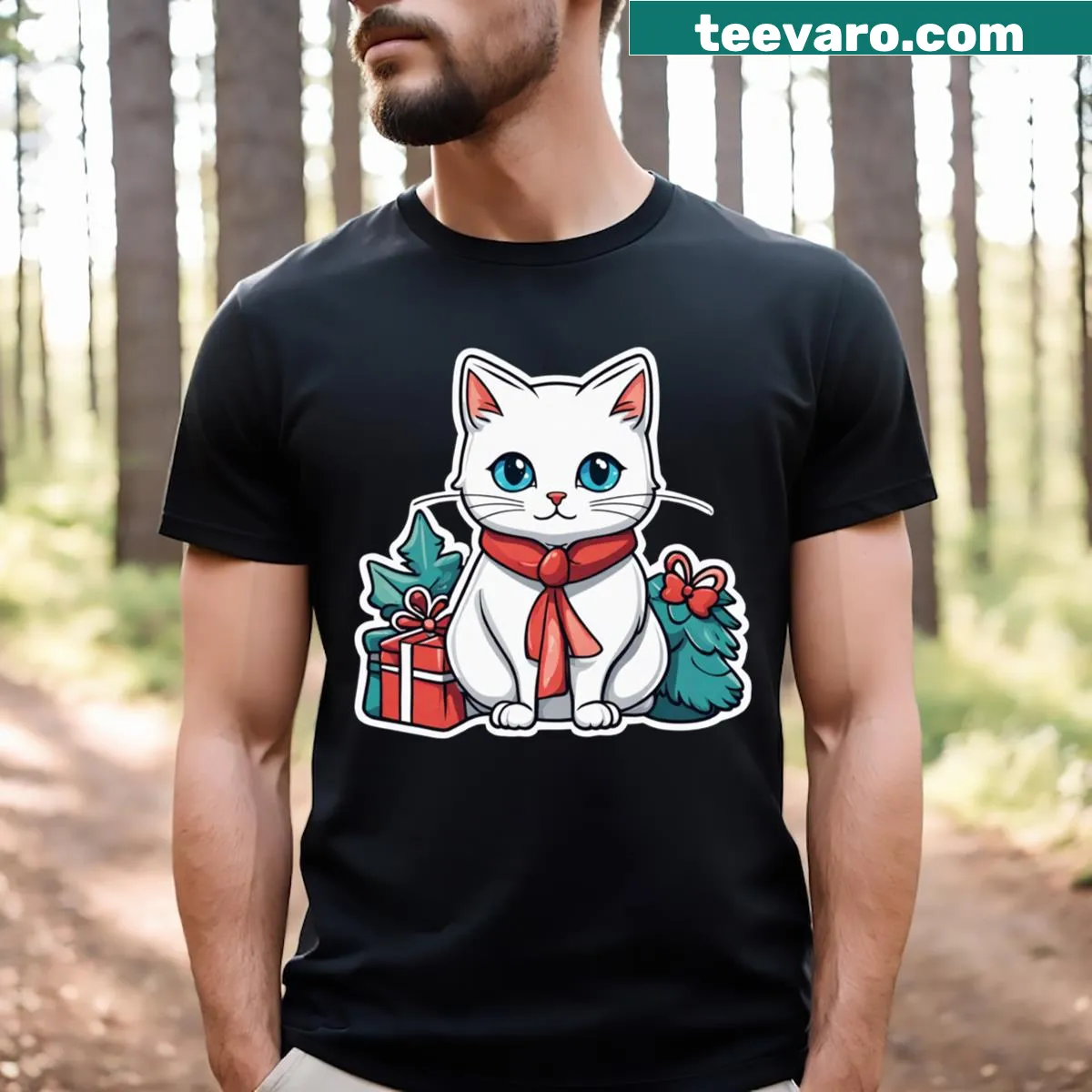Illustrated white Christmas cat with blue eyes for holiday wear — on a men's t-shirt