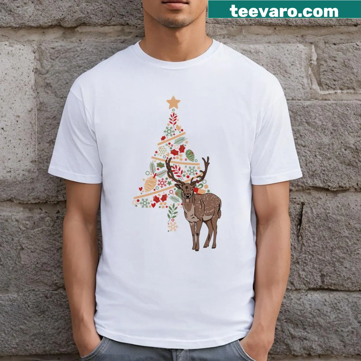 Deer next to a Christmas tree graphic on T-shirt — on a men's t-shirt