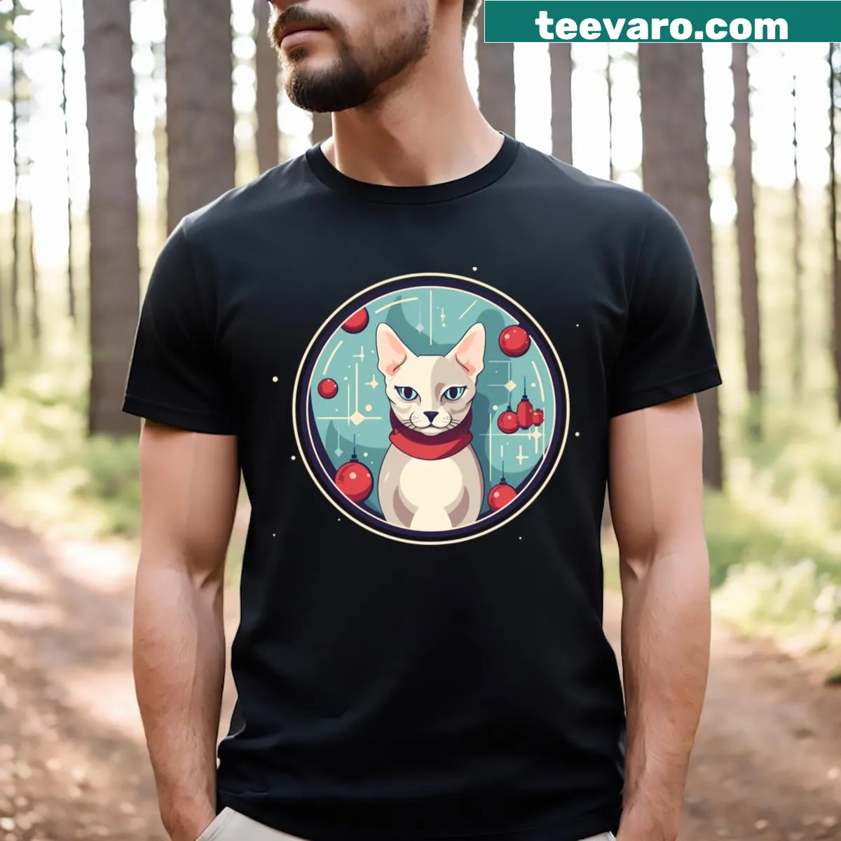 Christmas-themed T-shirt with a Devon Rex cat ornament illustration — on a men's t-shirt