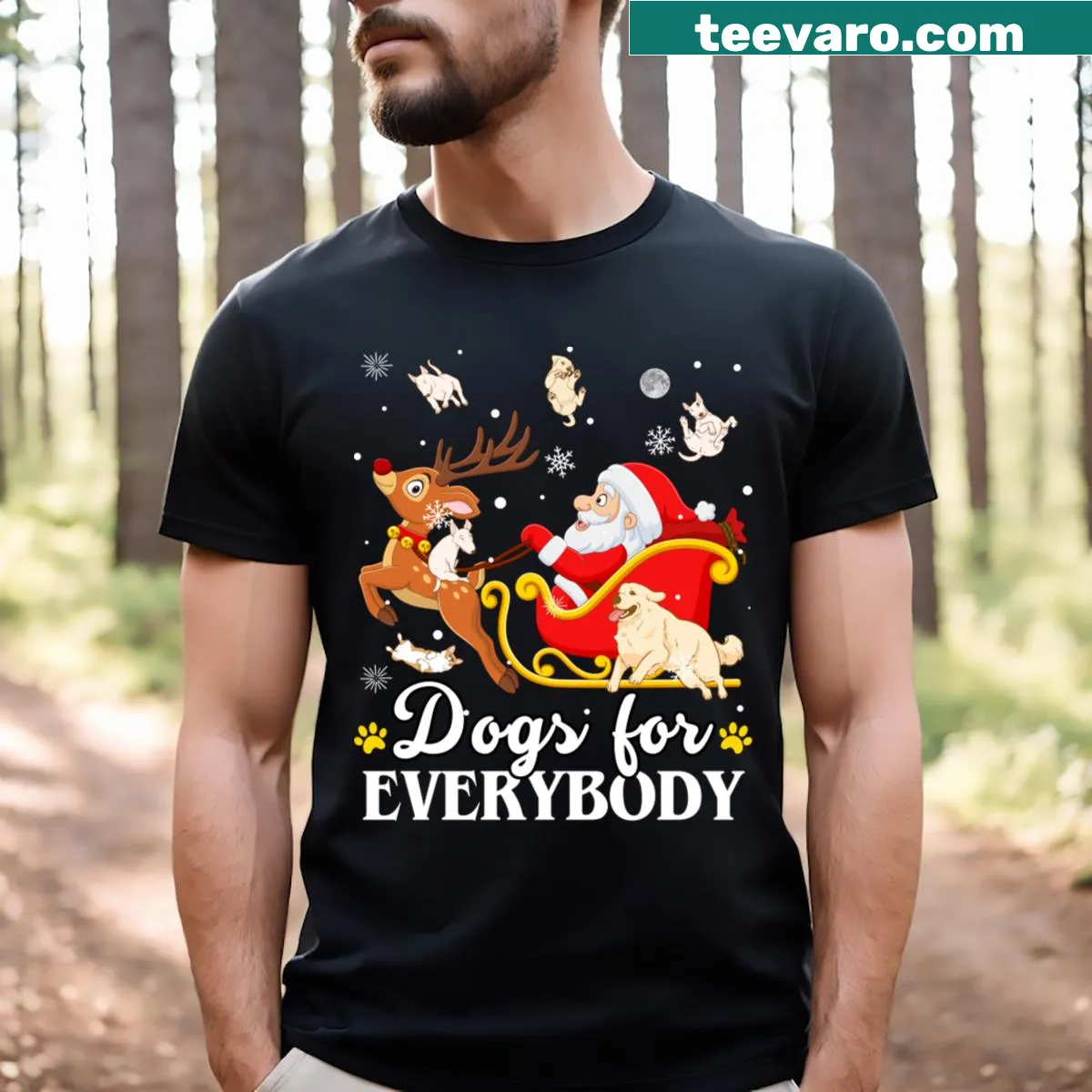 Funny Christmas dog T-shirt featuring Santa-themed dogs — on a men's t-shirt