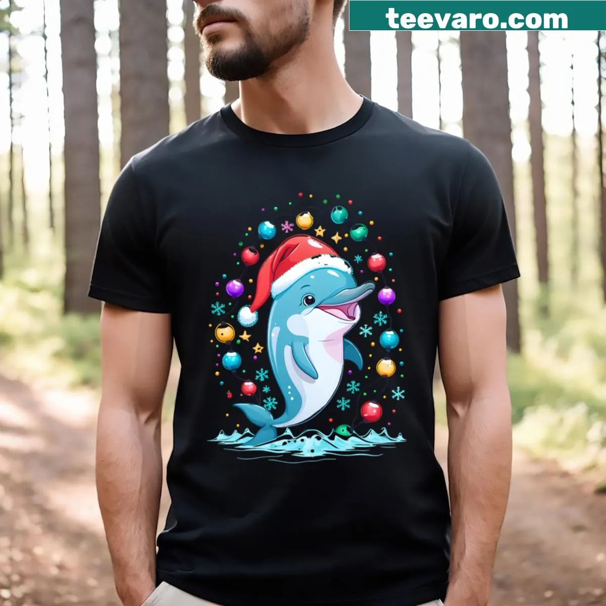 Dolphin T-shirt with an illustration of dolphins and Christmas lights — on a men's t-shirt