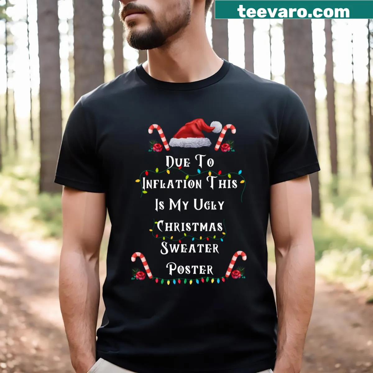 Shirt with the phrase 'Due To Inflation This Is My Ugly Christmas Poster T-shirt' — on a men's t-shirt
