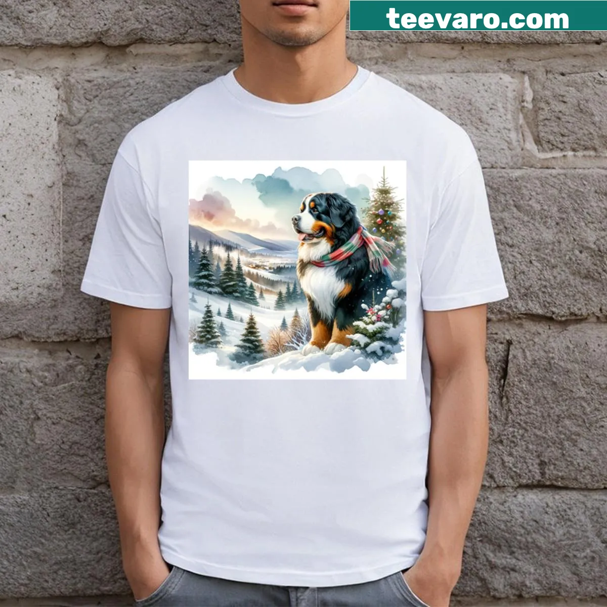 Christmas T-shirt featuring an excited Bernese Mountain Dog illustration — on a men's t-shirt