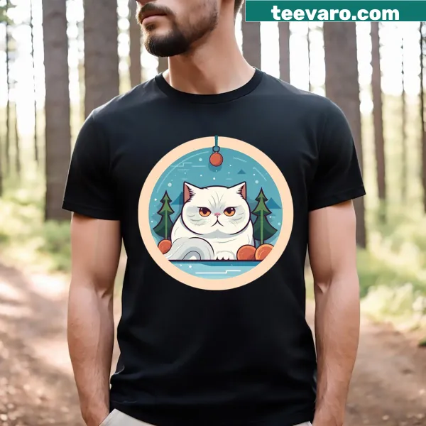 Christmas T-shirt with Exotic Shorthair Cat and ornaments illustration