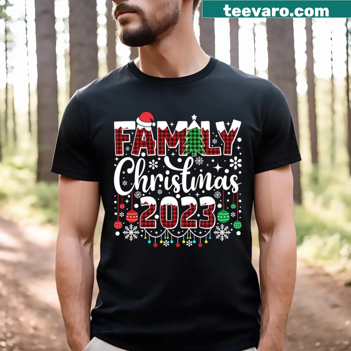 Matching family Christmas T-shirts with Santa and elves illustration — on a men's t-shirt