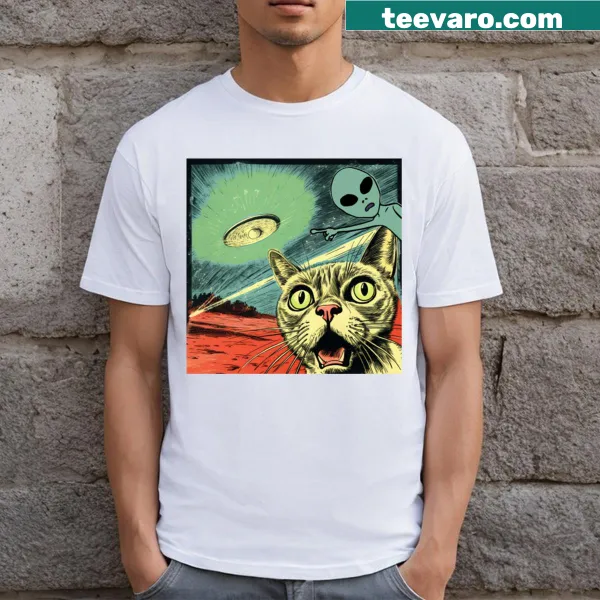 Feline-themed T-shirt depicting a UFO invasion with cats