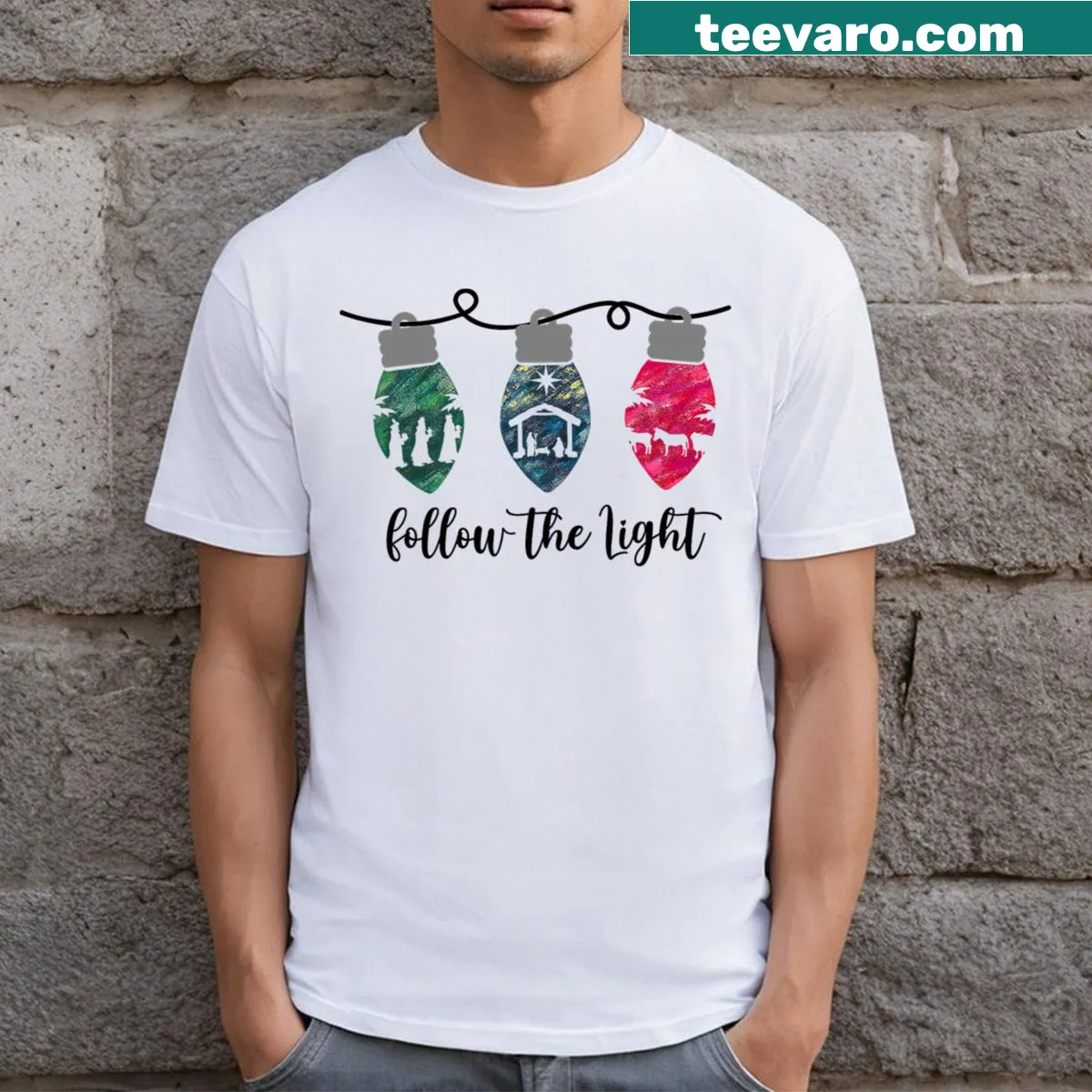 Inspirational Christmas t-shirt with lights and text — on a men's t-shirt