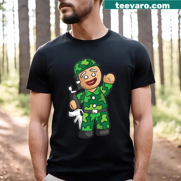 Gingerbread man in camouflage clothing graphic T-shirt