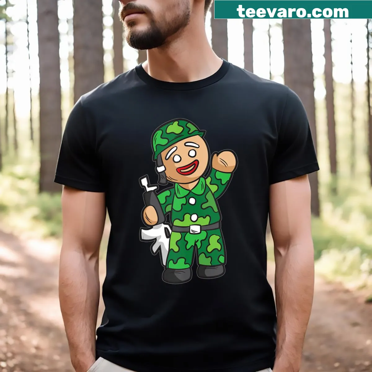 Gingerbread man in camouflage clothing graphic T-shirt — on a men's t-shirt