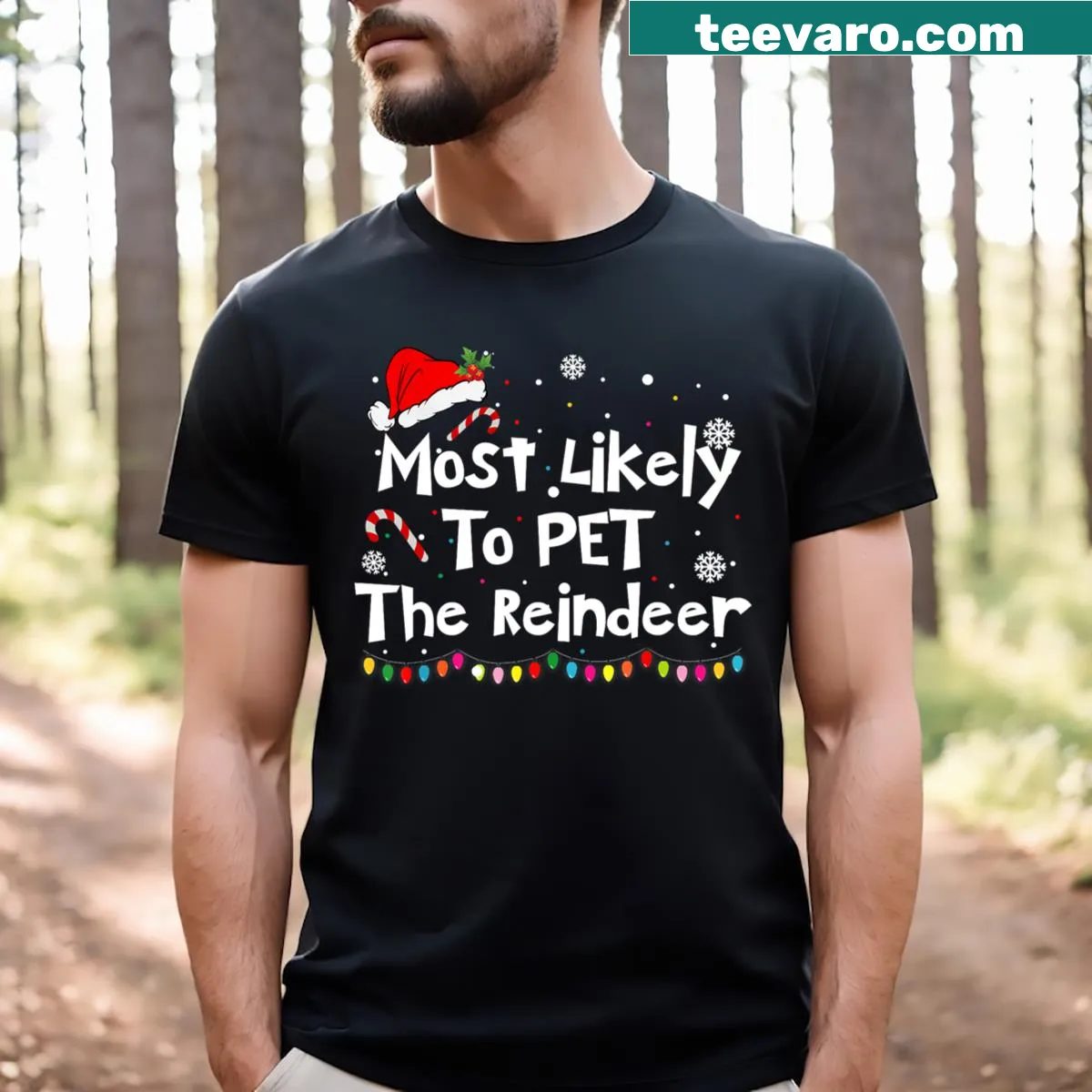 Funny Christmas t-shirt with playful reindeer in Santa hats — on a men's t-shirt