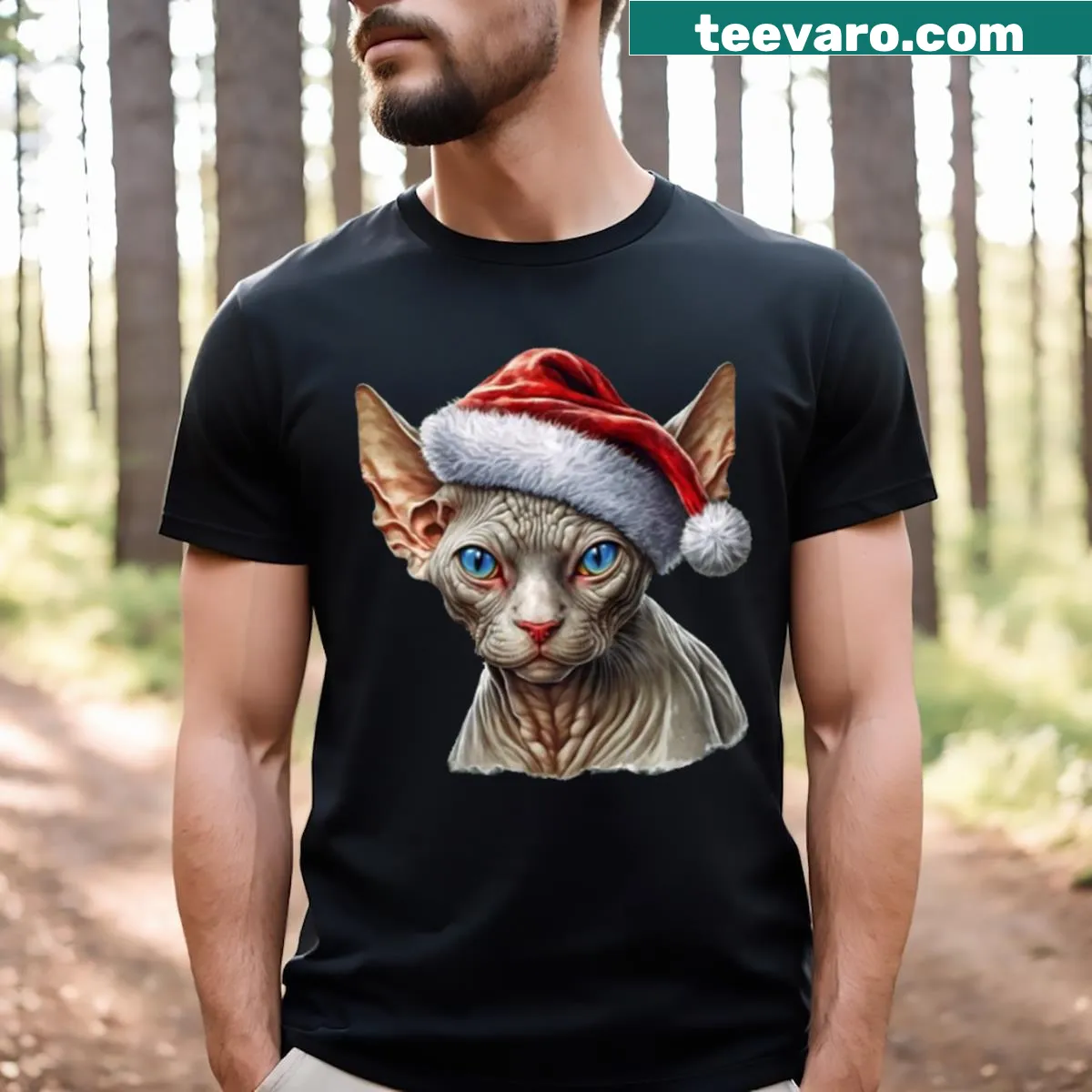 Sphynx cat in Santa hat on Christmas t-shirt — on a men's t-shirt