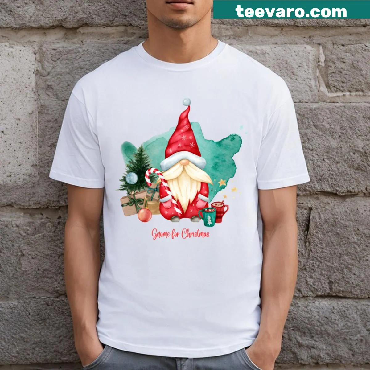 Cute Christmas-themed graphic t-shirt featuring a whimsical gnome — on a men's t-shirt