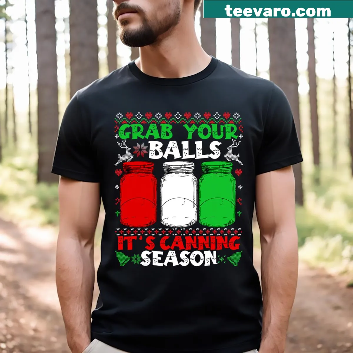 Playful mason jar design with humorous text on a Christmas t-shirt — on a men's t-shirt