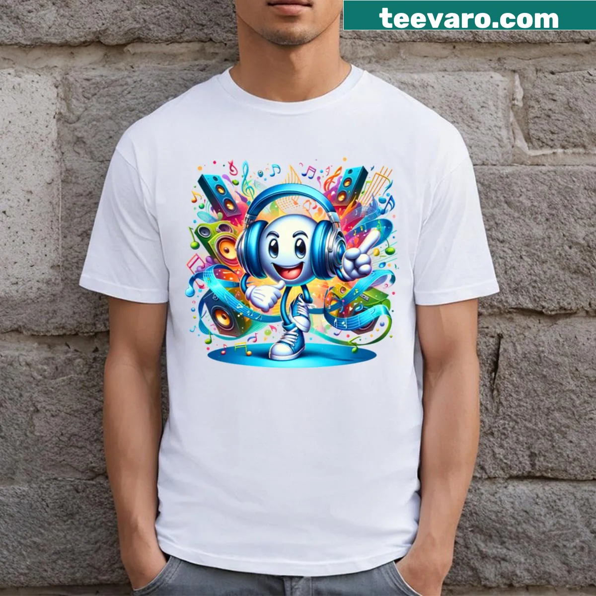 Cartoon headphones and music notes design for dance enthusiasts — on a men's t-shirt
