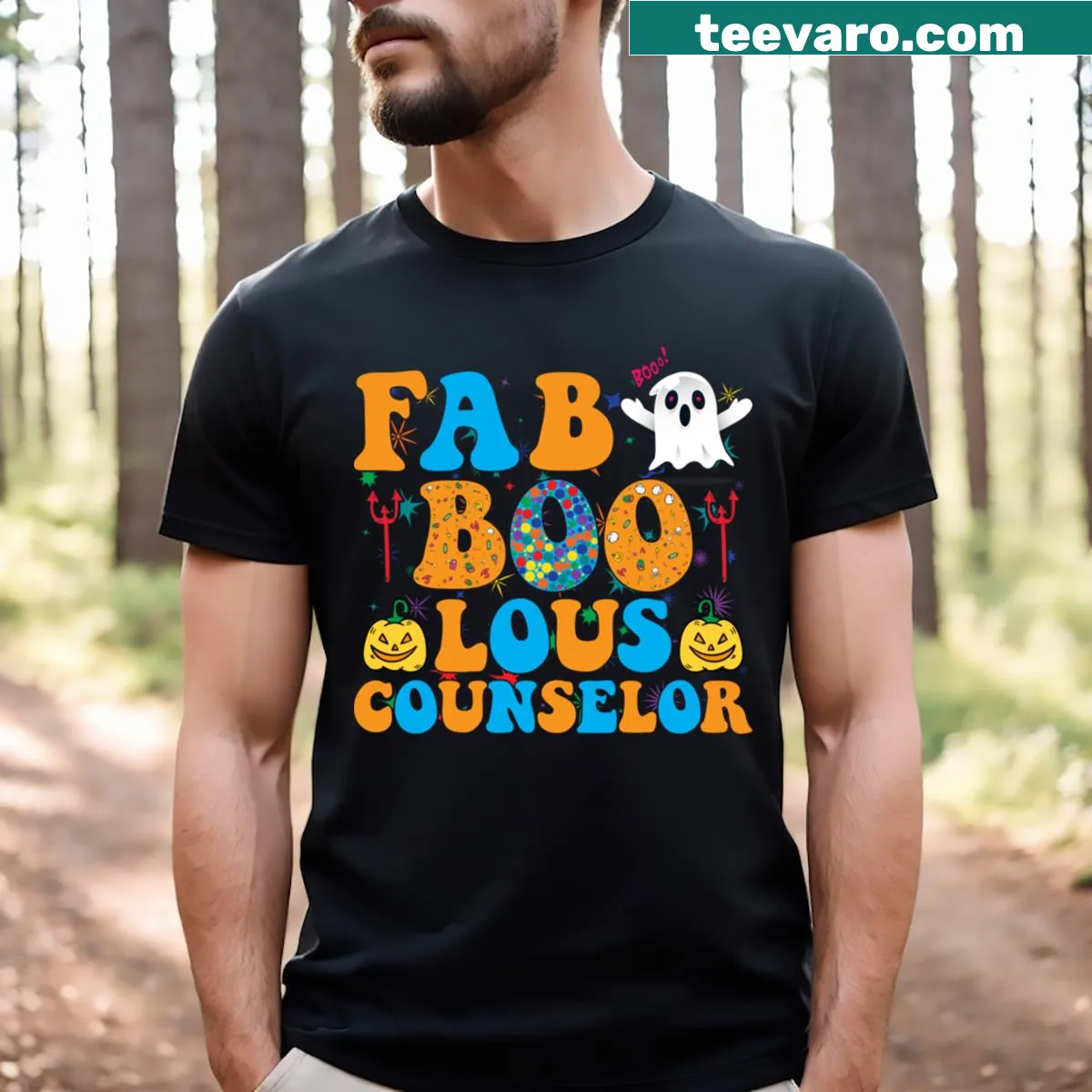 Halloween-themed t-shirt with ghost and pumpkin graphics — on a men's t-shirt