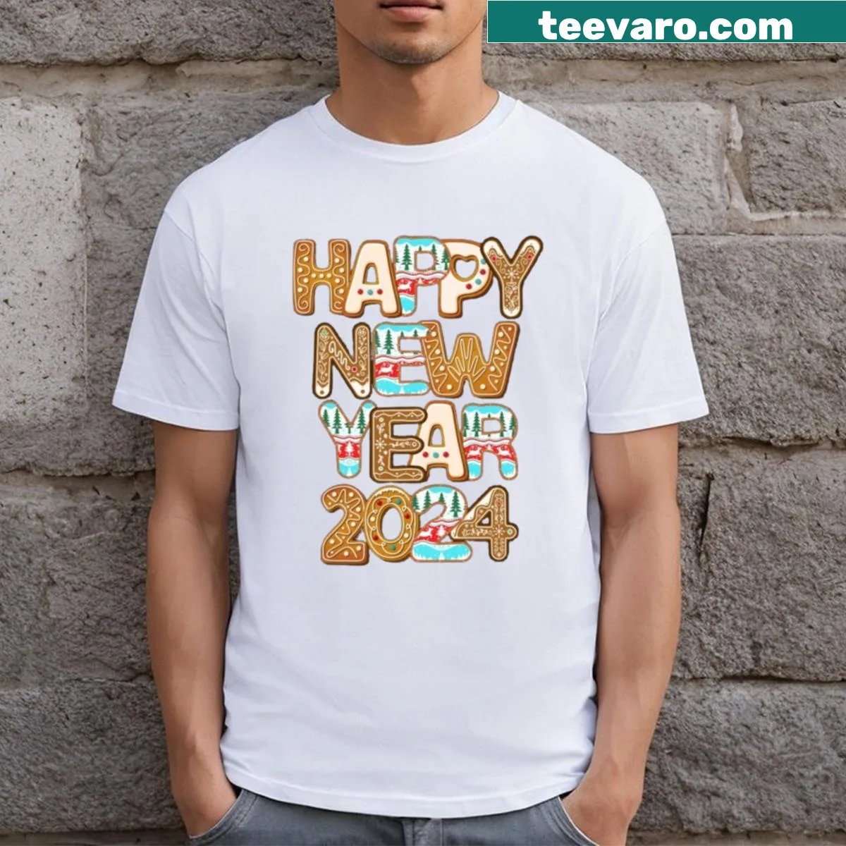 Illustrative t-shirt featuring a Christmas tree for New Year 2024 — on a men's t-shirt