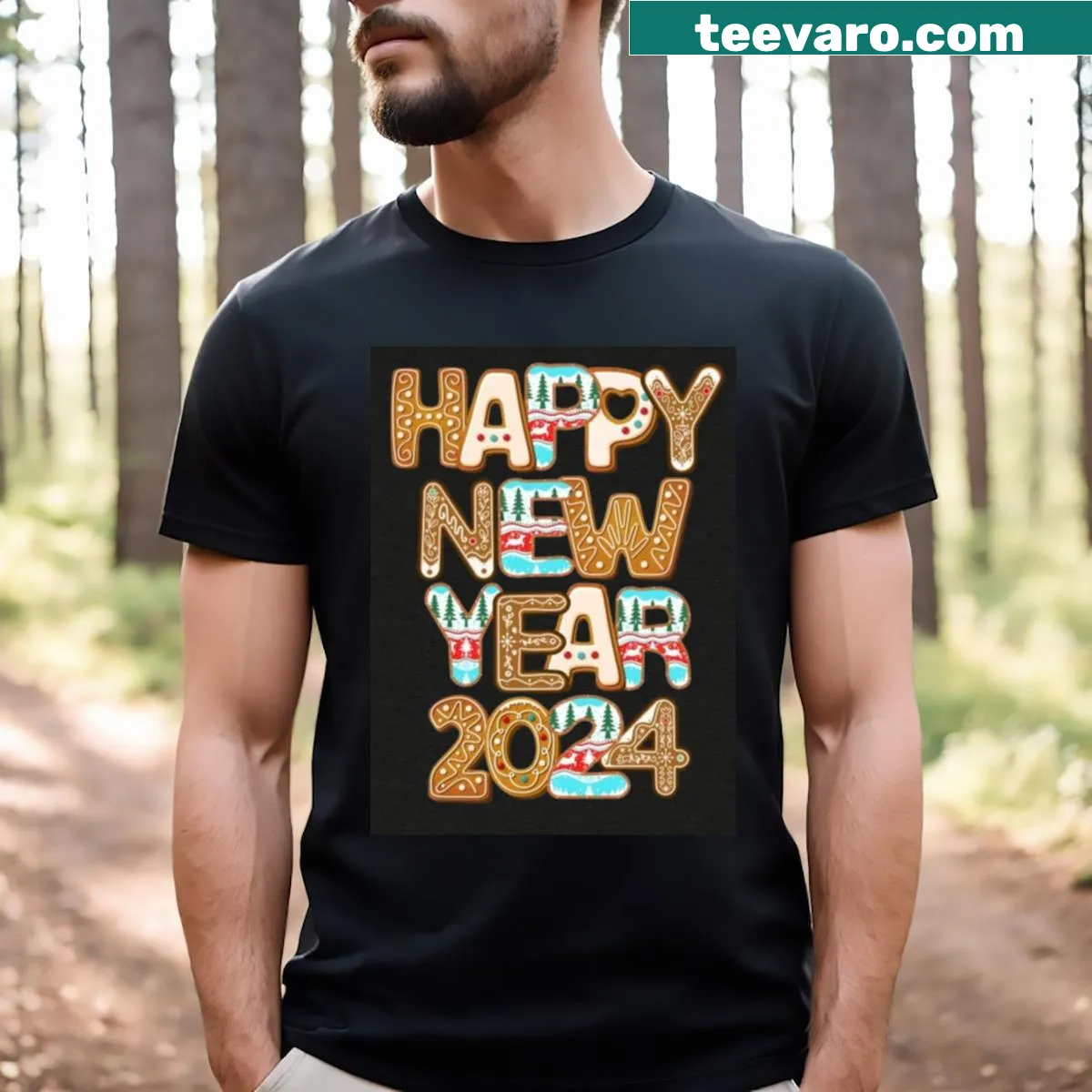 Illustrative t-shirt with a Christmas tree design for New Year 2024 — on a men's t-shirt