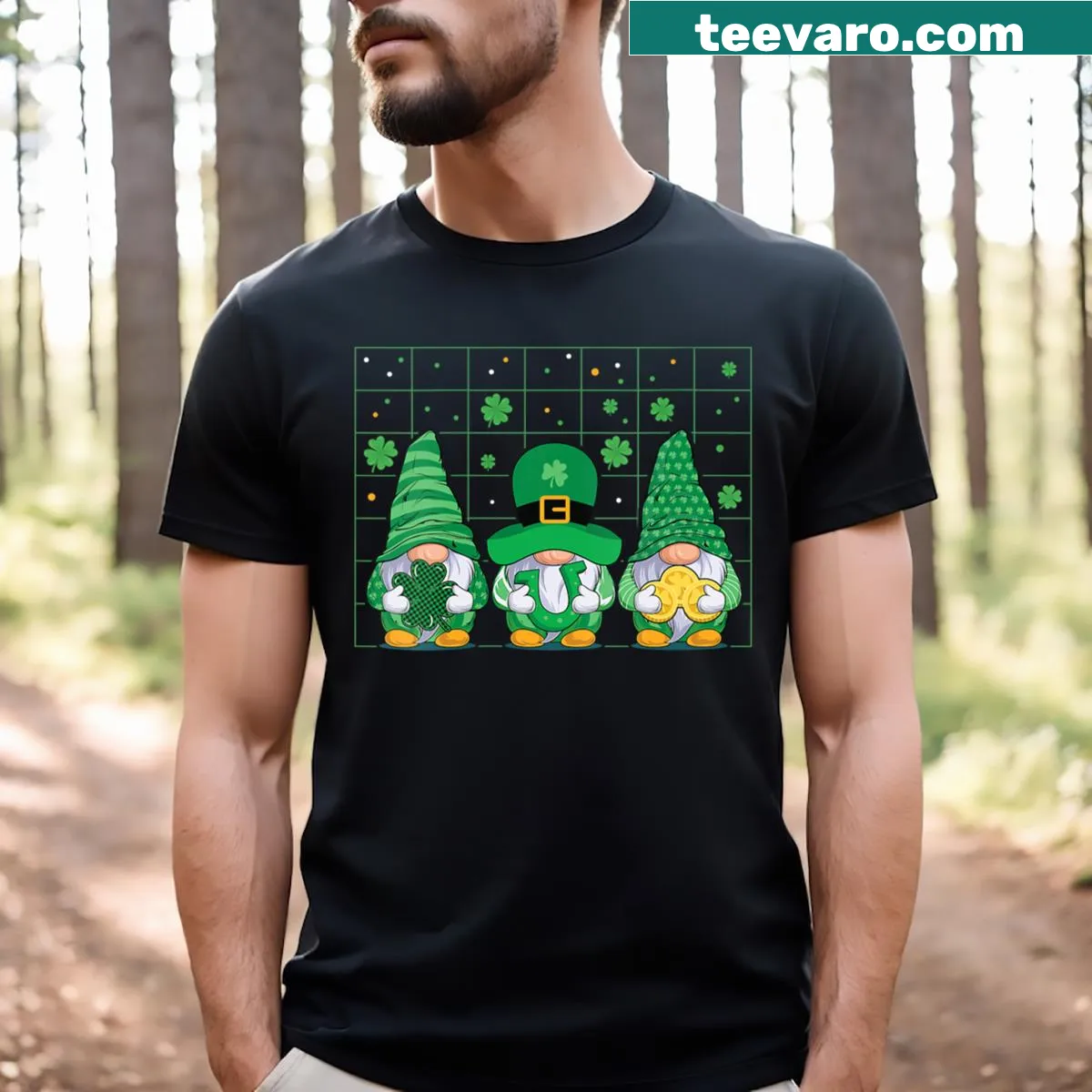 Cute leprechaun gnome holding a shamrock illustration on T-shirt — on a men's t-shirt