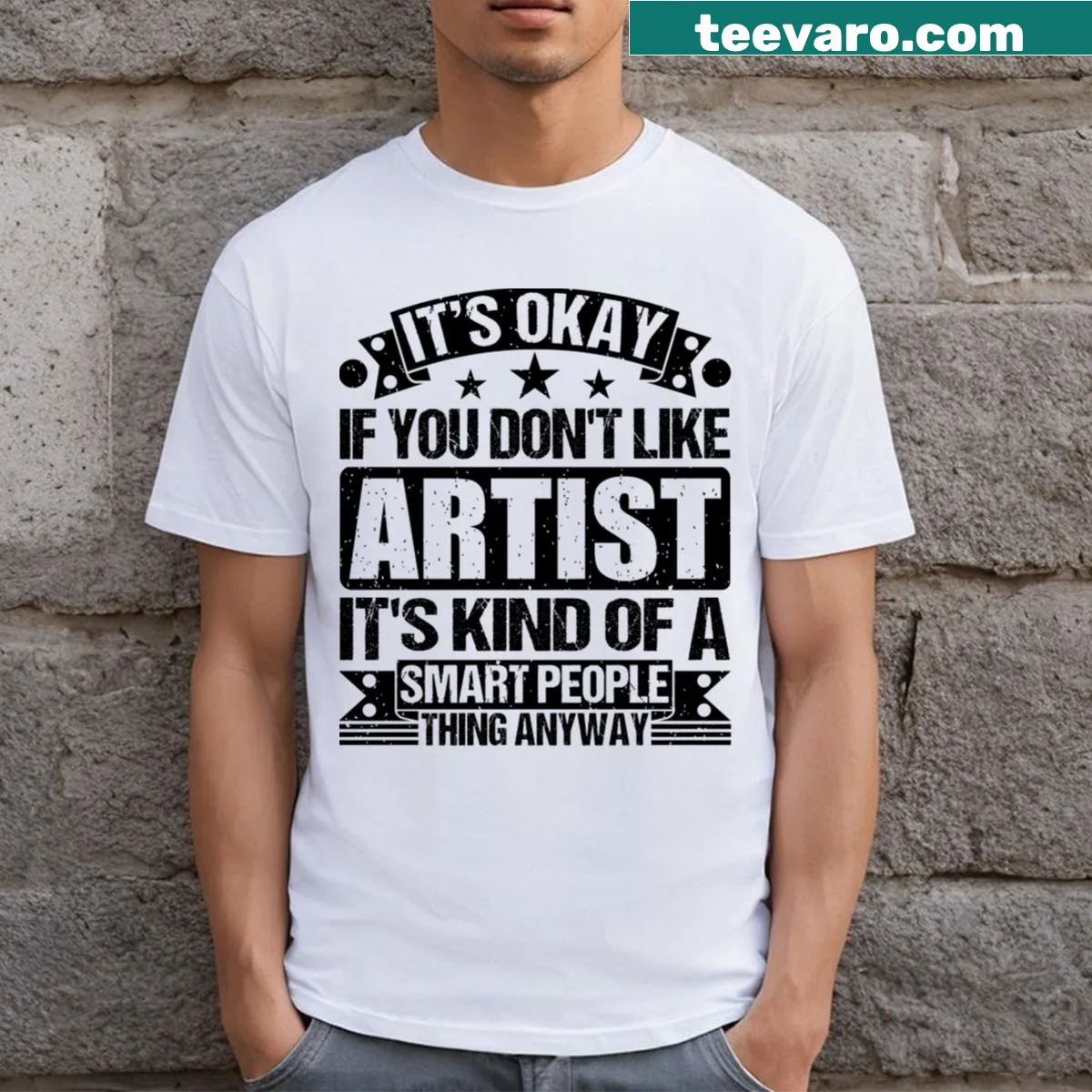 Sarcastic t-shirt with a quote about artists and intelligence — on a men's t-shirt