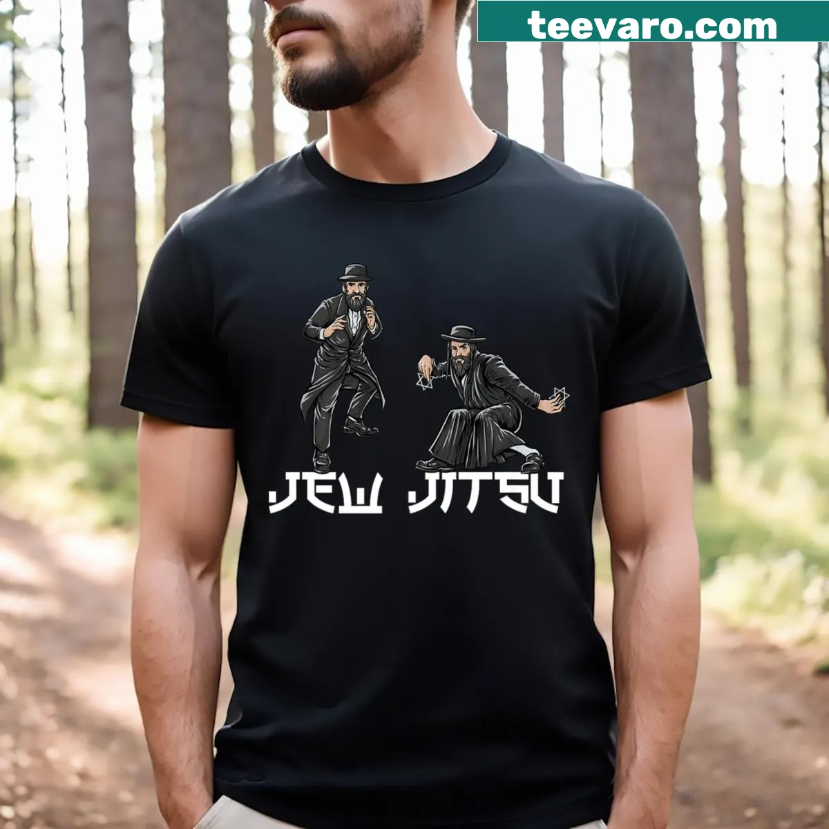 Humorous Hanukkah t-shirt featuring a rabbi and playful phrases — on a men's t-shirt