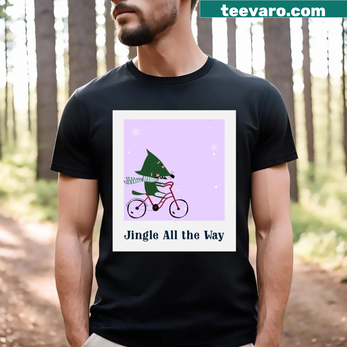 Festive Christmas shirt with 'Jingle All The Way' text — on a men's t-shirt