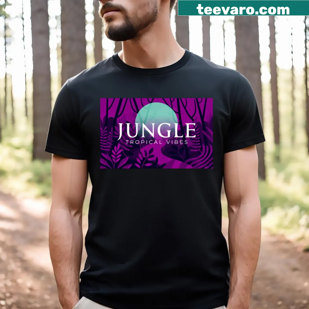 Tropical-themed T-shirt featuring a jungle illustration — on a men's t-shirt