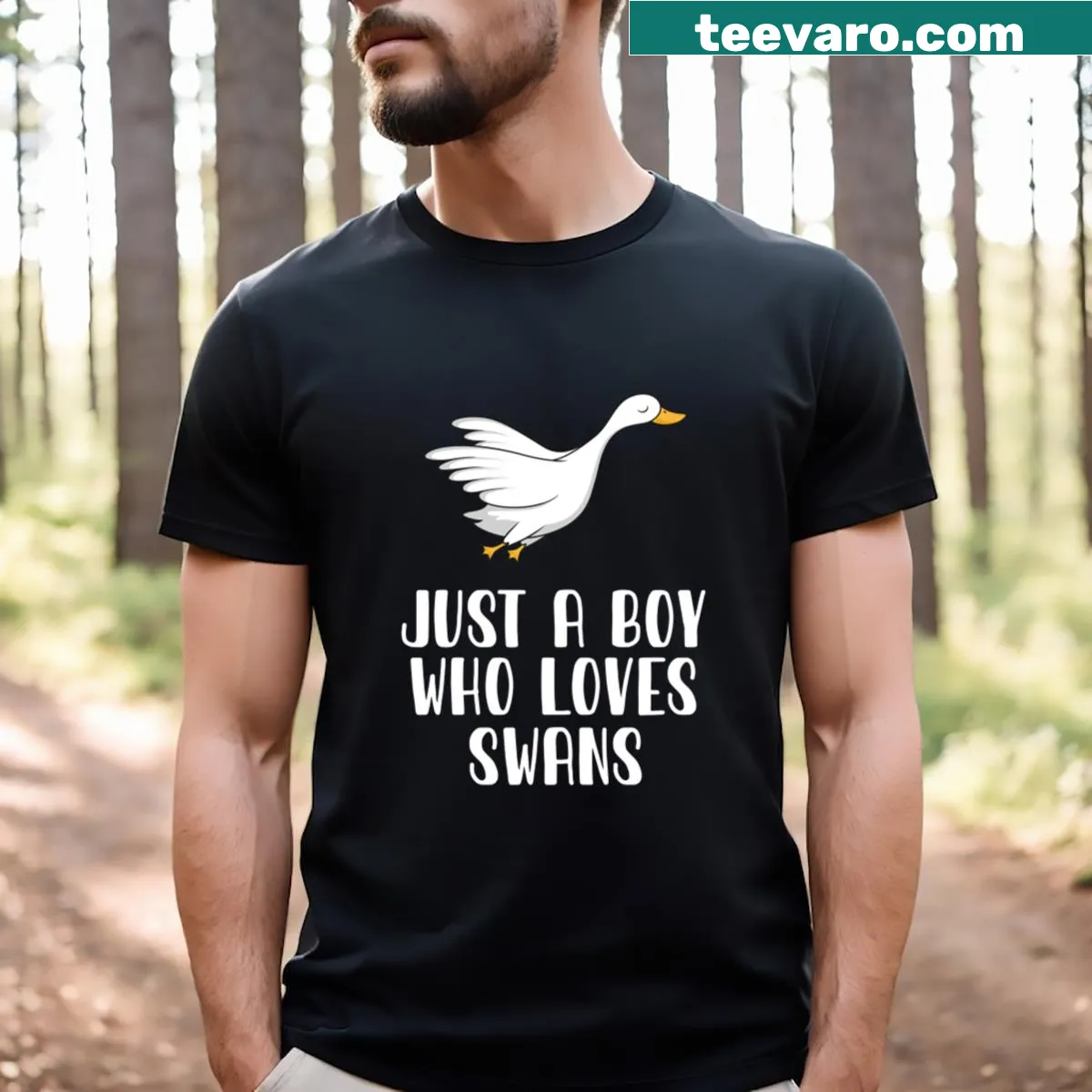 Fun t-shirt with the phrase 'Just A Boy Who Loves Swans' — on a men's t-shirt