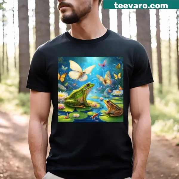 Artistic T-shirt featuring leapfrogging amphibians in a creative design.