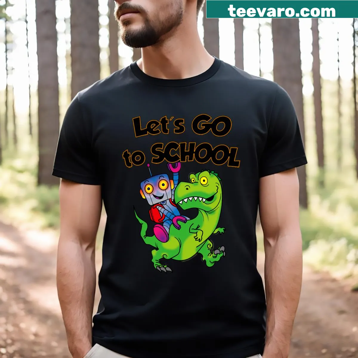 Cartoon T-Rex robot graphic on back-to-school T-shirt — on a men's t-shirt