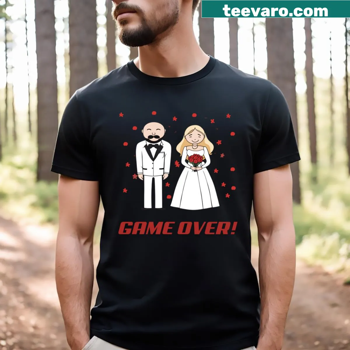 T-shirt humorously stating life after marriage with playful graphics. — on a men's t-shirt
