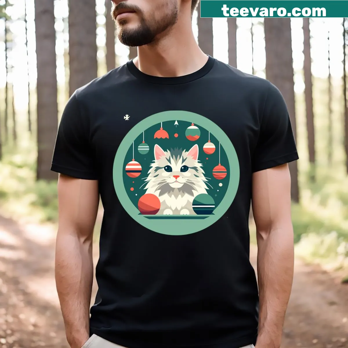 Illustration of a Maine Coon cat surrounded by Christmas ornaments. — on a men's t-shirt