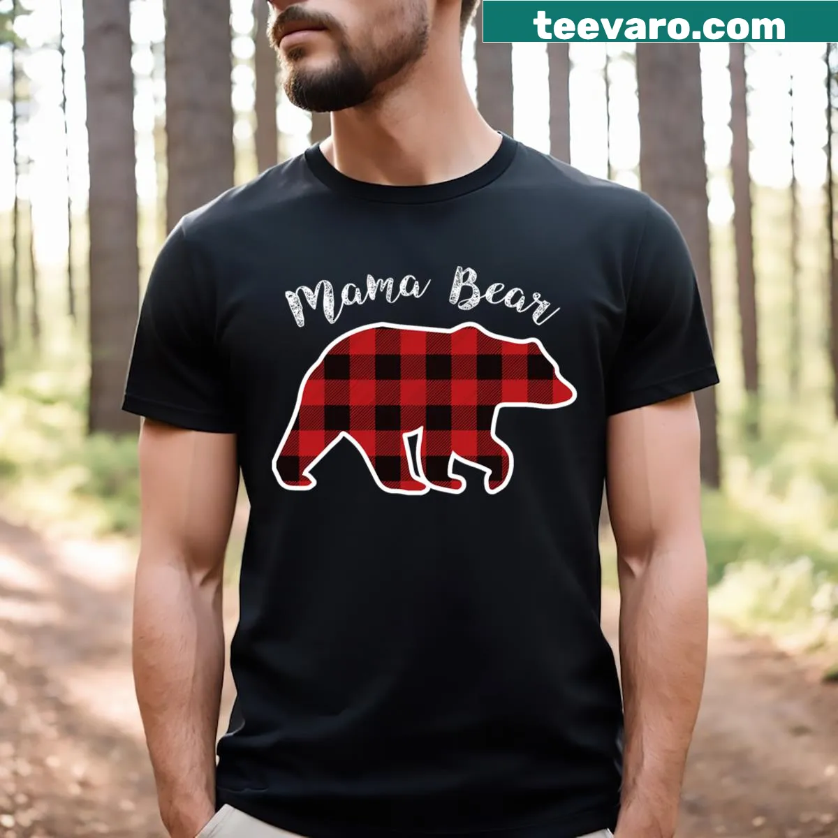 Vintage distressed T-shirt featuring a mama bear and plaid design — on a men's t-shirt