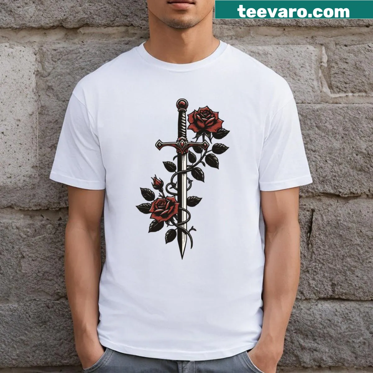 Medieval art inspired T-shirt featuring a sword entwined with roses — on a men's t-shirt