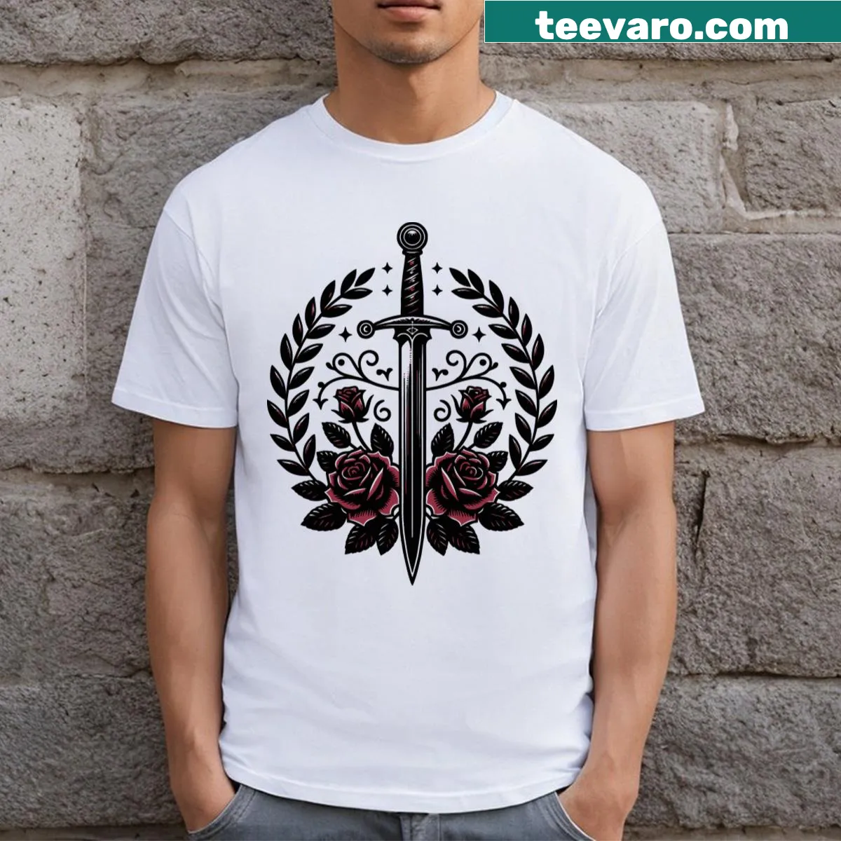 Medievalcore T-shirt with sword, laurel, and roses design — on a men's t-shirt