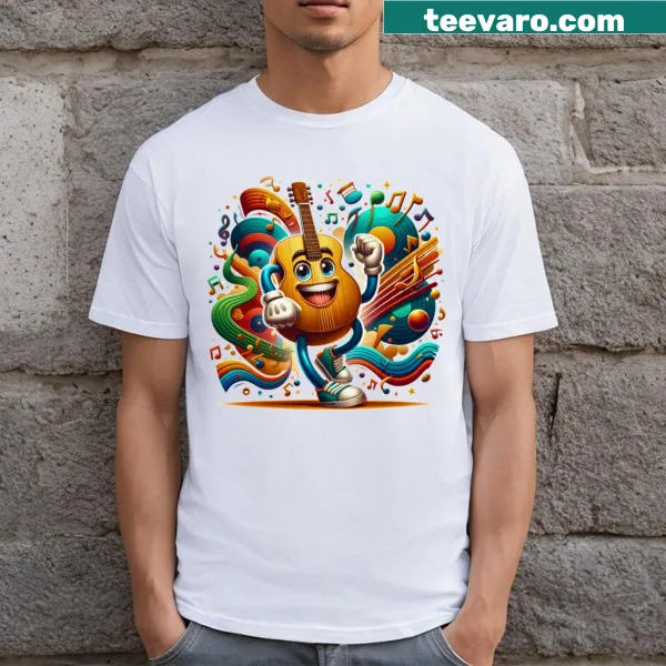 Illustrated guitar design with dancing strings for music lovers
