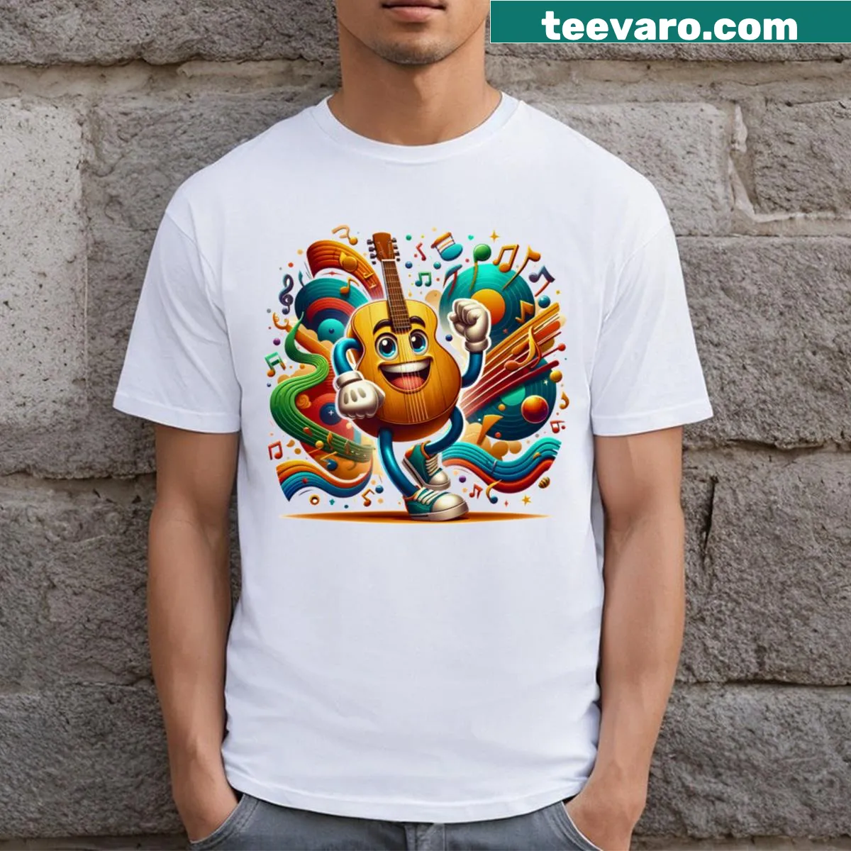 Illustrated guitar design with dancing strings for music lovers — on a men's t-shirt
