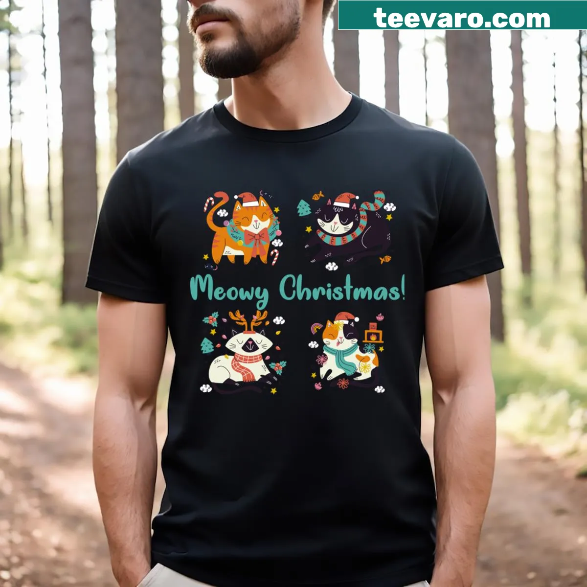 Whimsical cat illustration surrounded by Christmas ornaments — on a men's t-shirt