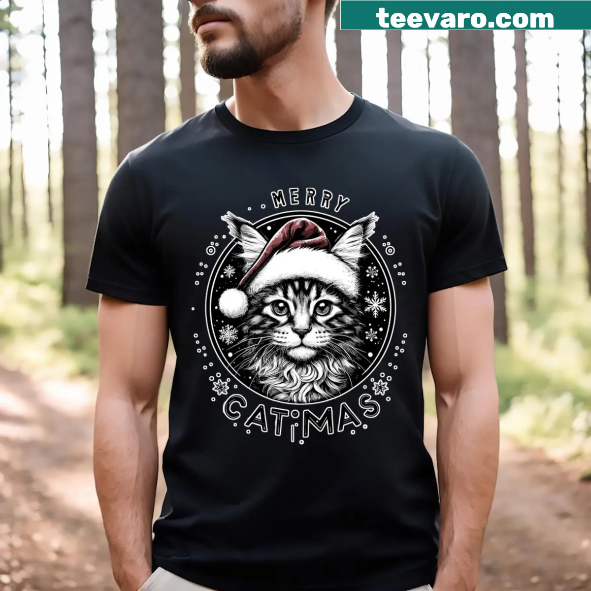 Maine Coon cat illustration celebrating Christmas — on a men's t-shirt