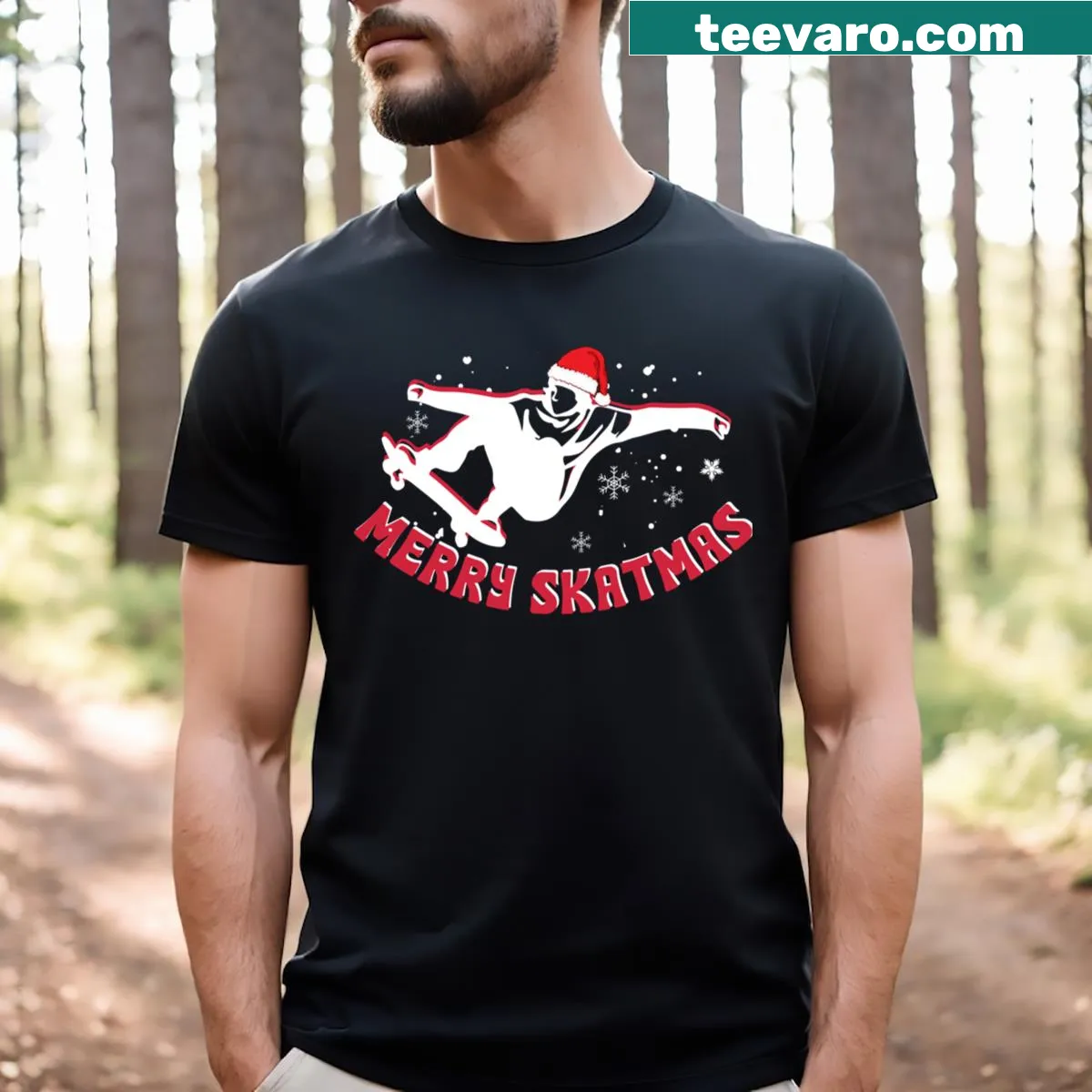 Christmas t-shirt for skateboarders featuring a festive design — on a men's t-shirt