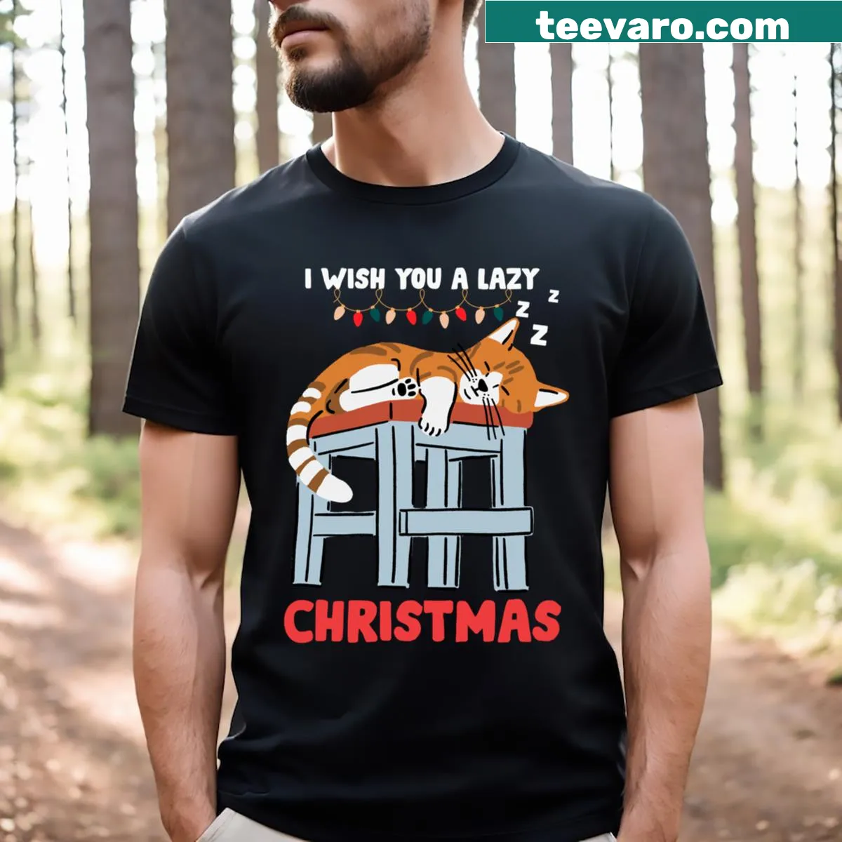 Illustration of a sleepy cat in a Christmas setting on a T-shirt — on a men's t-shirt