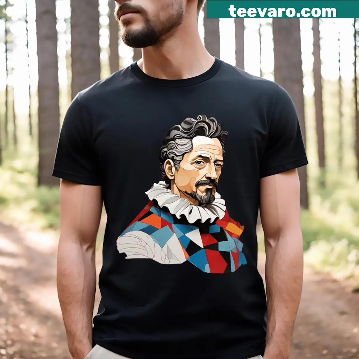 T-shirt honoring Miguel De Cervantes with elegant typography — on a men's t-shirt