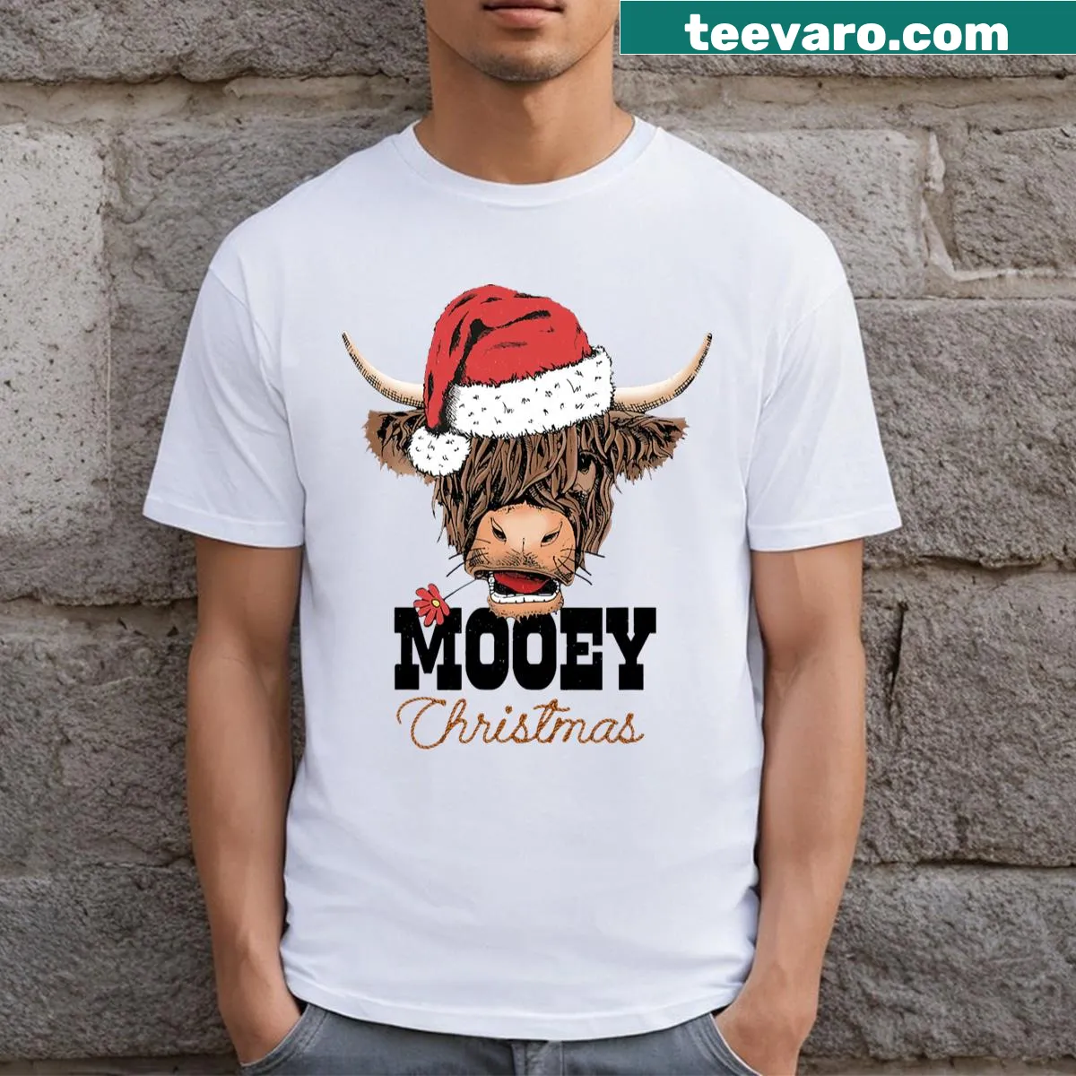 Mooey Christmas T-shirt with cow graphic and festive design — on a men's t-shirt