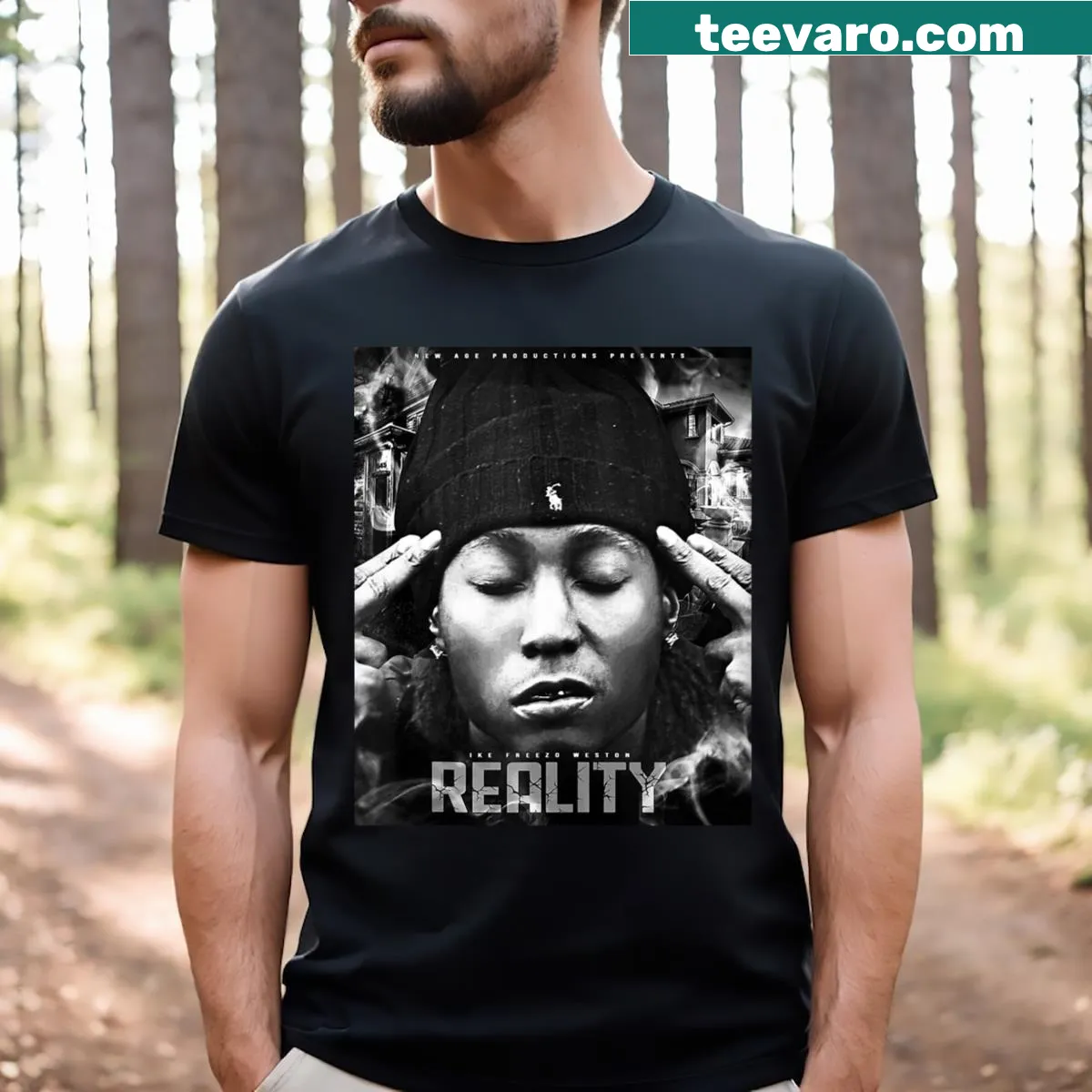 T-shirt with 'New Age Reality' slogan in a trendy design — on a men's t-shirt