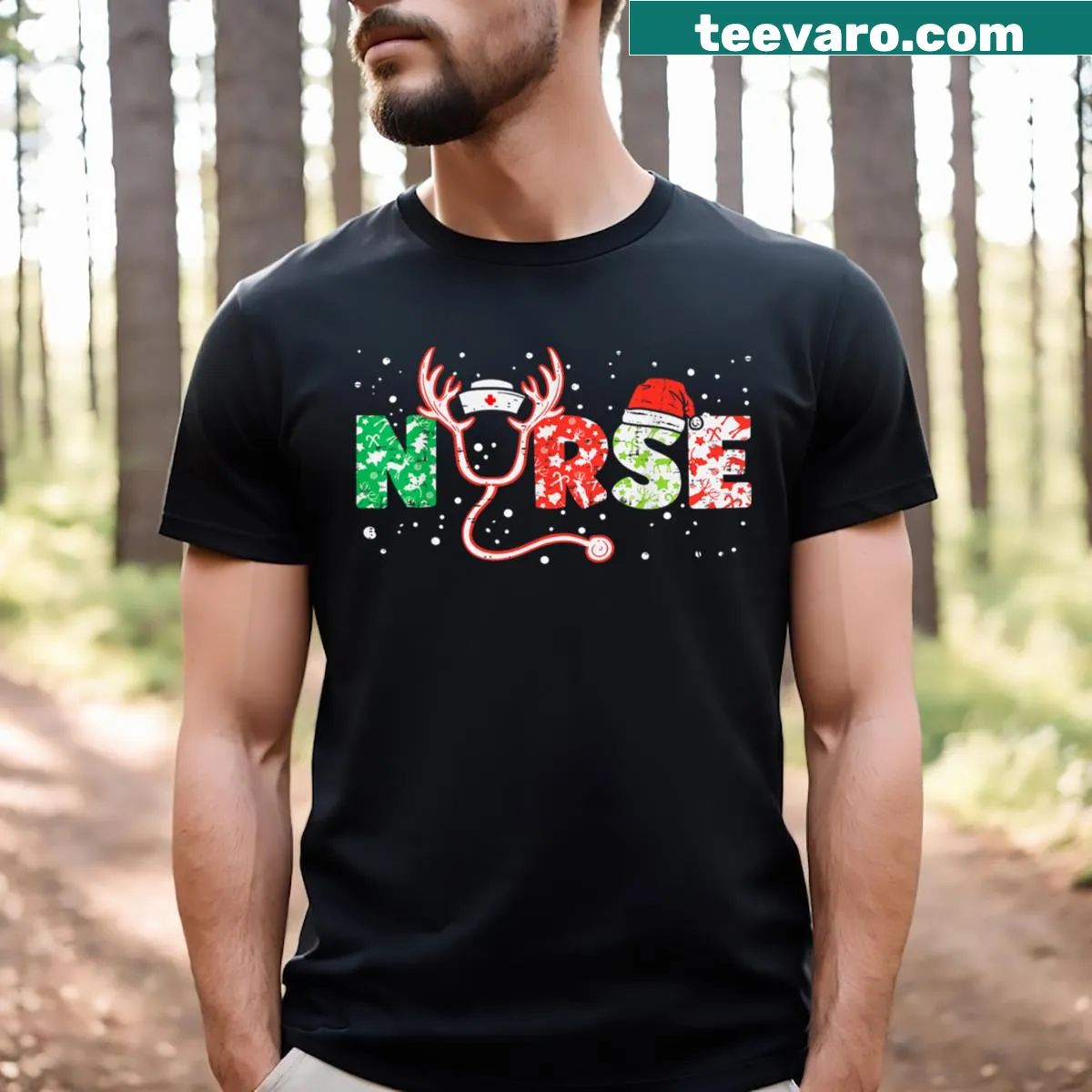 Festive nurse T-shirt with stethoscope and Christmas elements — on a men's t-shirt