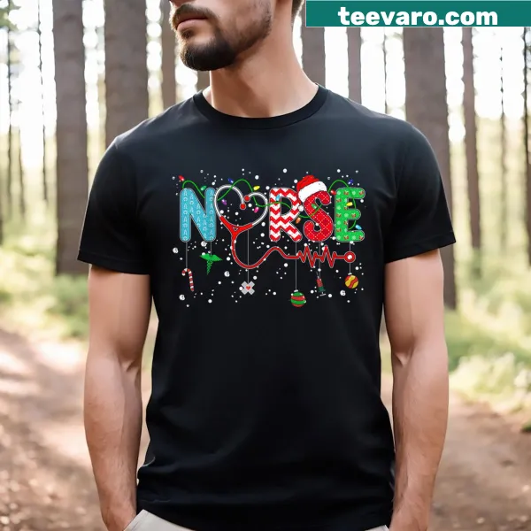 Christmas-themed nurse t-shirt with stethoscope graphic