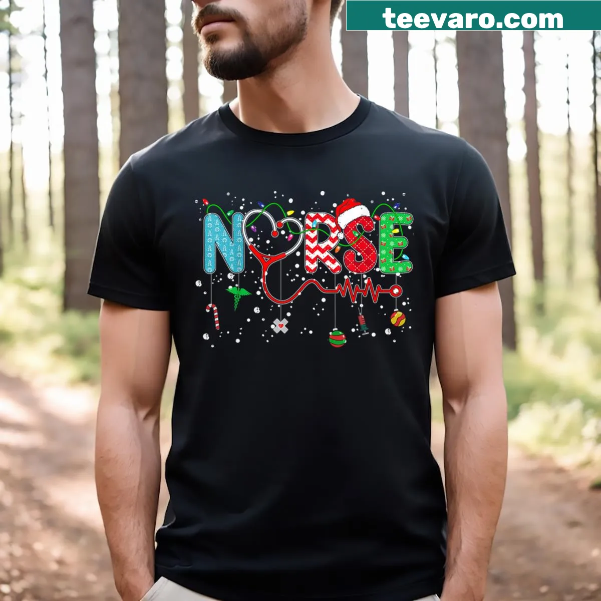 Christmas-themed nurse t-shirt with stethoscope graphic — on a men's t-shirt