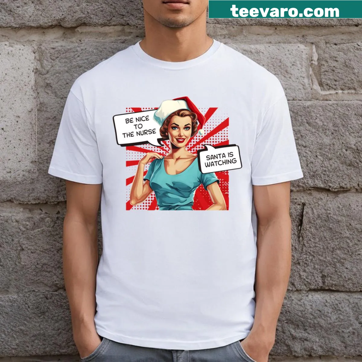 Vintage comic nurse design on a Christmas T-shirt — on a men's t-shirt