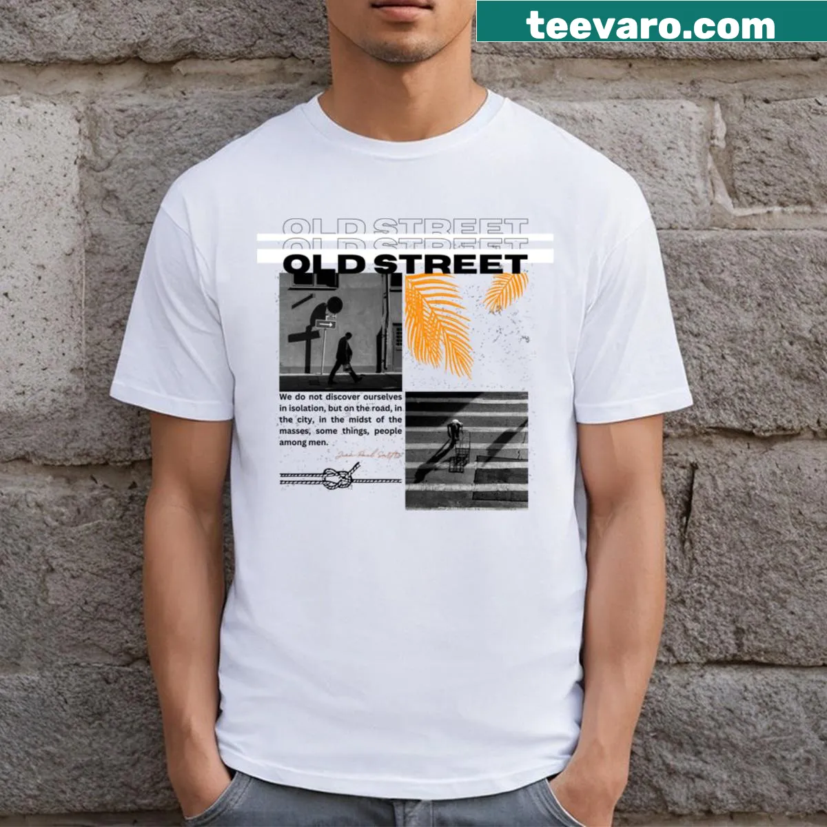 Minimalist graphic T-shirt featuring old street design — on a men's t-shirt