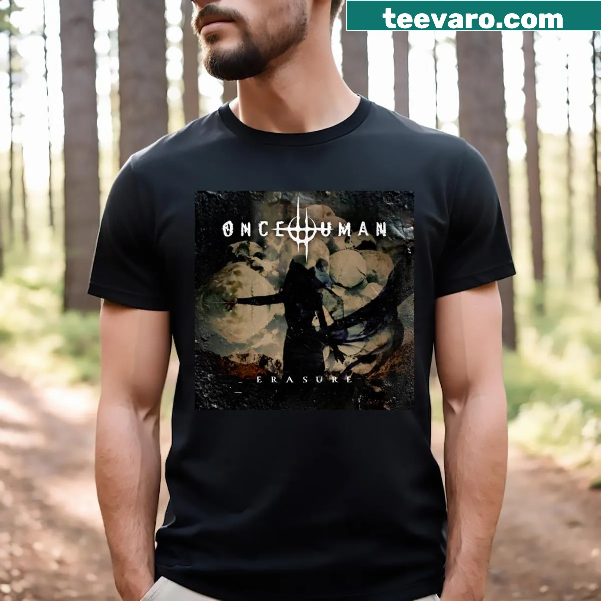 Edgy Once Human t-shirt with bold graphic text — on a men's t-shirt