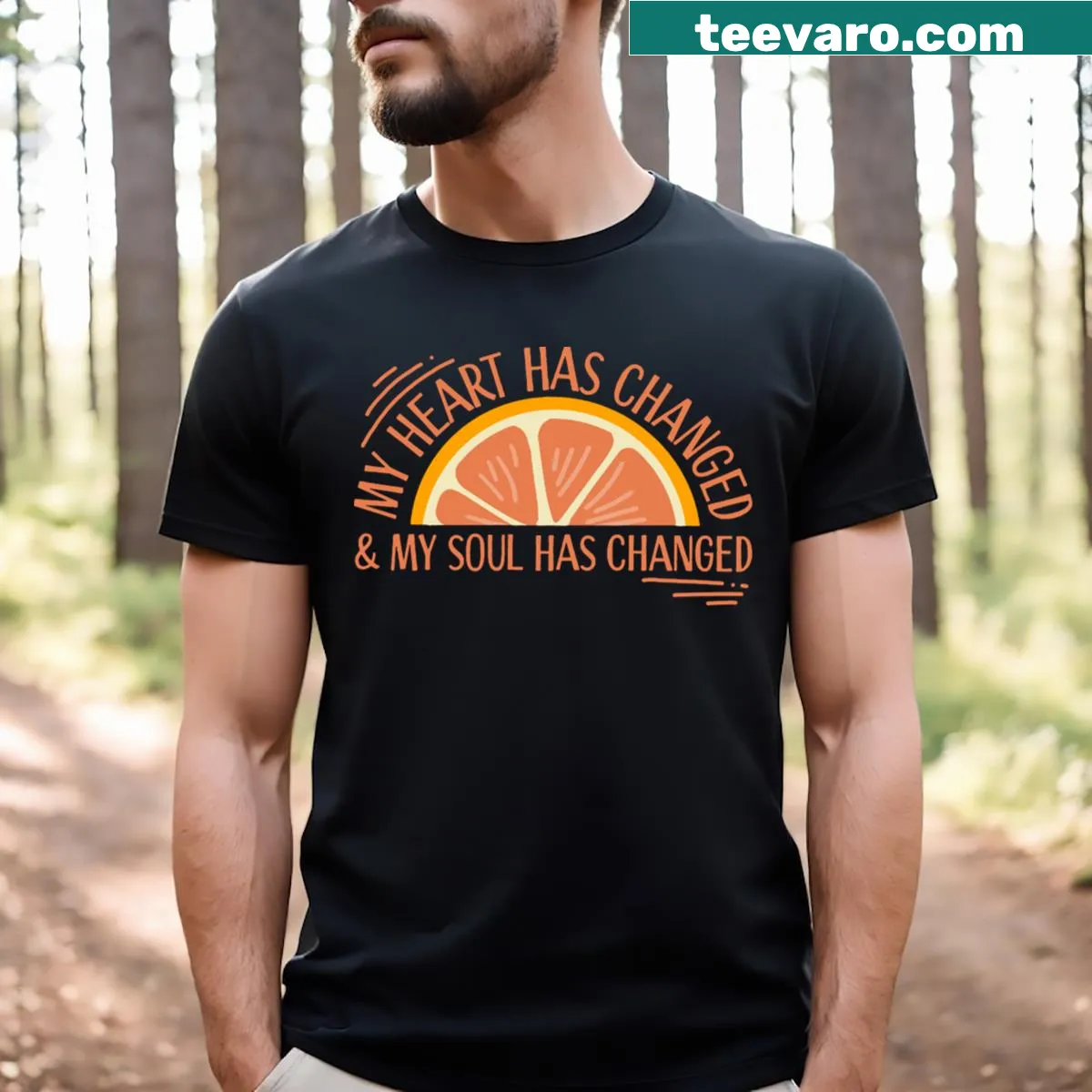 Minimalist Orange Heart t-shirt with simple heart graphic — on a men's t-shirt